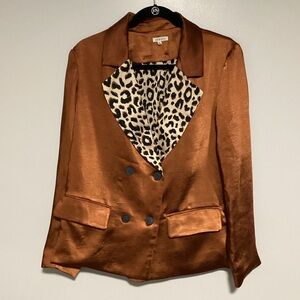 JODIFL Blazer Women Size L Brown Leopard Printed Long Sleeves Fall Satin